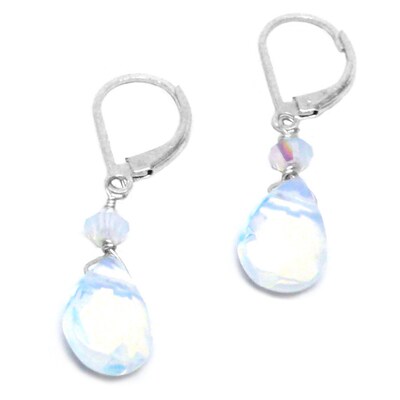 "Sea Opal" Glass Briolette Sterling Silver Lever Back Earrings Crystal - image1